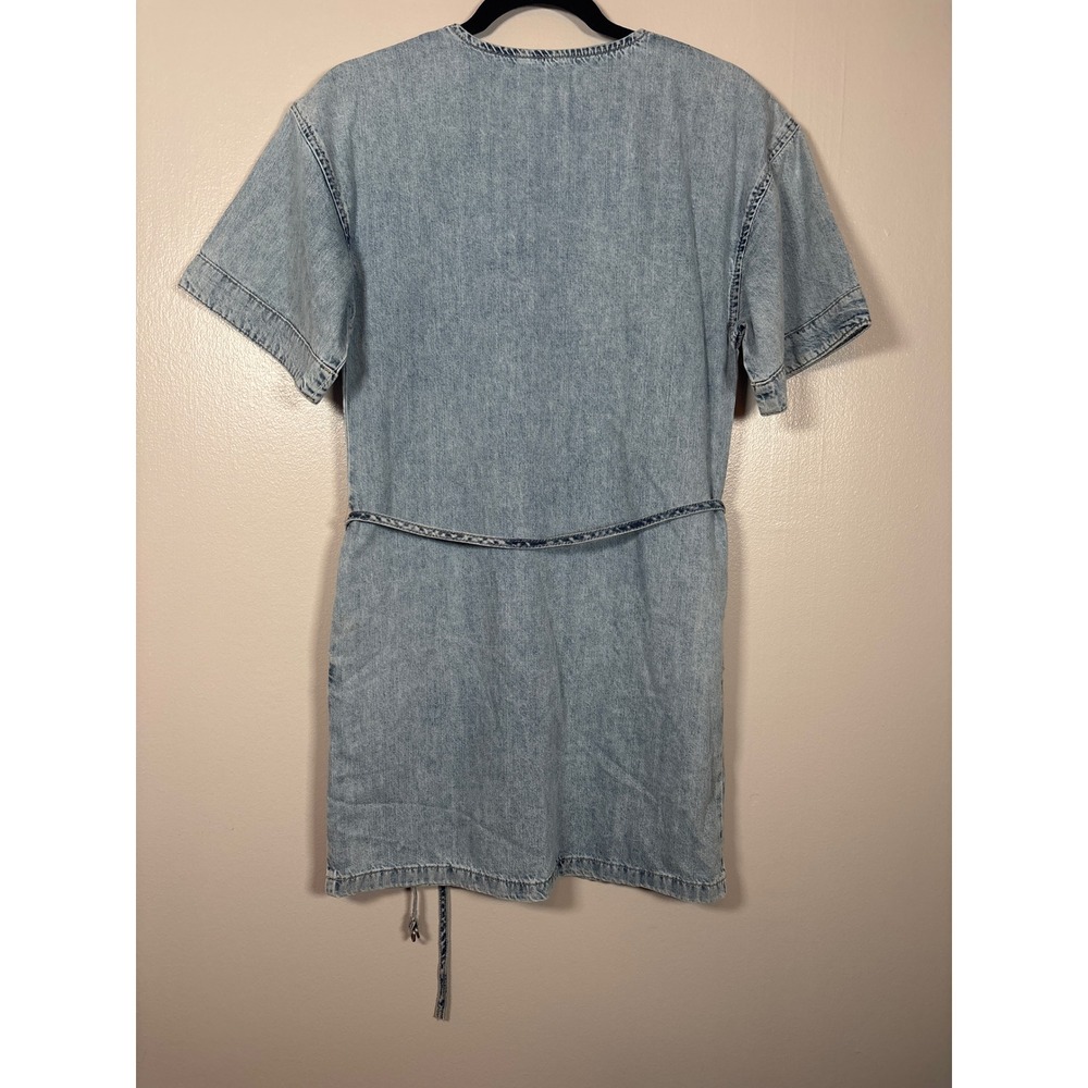 FRAME Breezy Denim Mini Dress Light Wash Blue Cotton V-Neck Belted XS KMDR029 - Picture 2 of 7